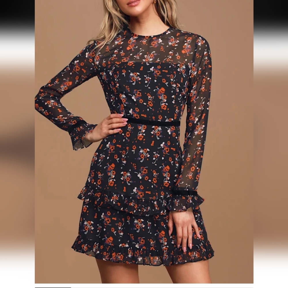 Lulu's To See Black Floral Long Sleeve Mini Dress